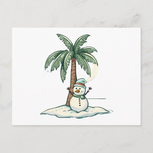 Weihnachten - Schneemann am Strand mit Palmenbaum Postkarte (Vorderseite)
