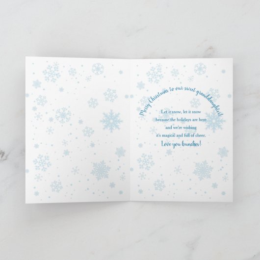 Weihnachten, Schneemann, Enkelin, Blauer Schatten Karte (Innenseite)