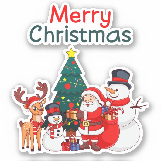 Weihnachten, Schneemann und Rentier frohe Weihnach Aufkleber (Vorderseite)