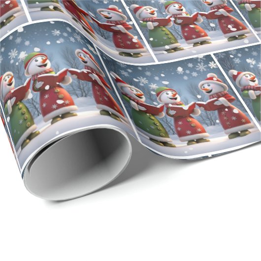 Weihnachten Schneemänner auf Schneeflocken Geschenkpapier (Rolleneckpunkt)
