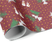 Weihnachten - Schneemänner & Bäume - dunkelrot Geschenkpapier (Rolleneckpunkt)
