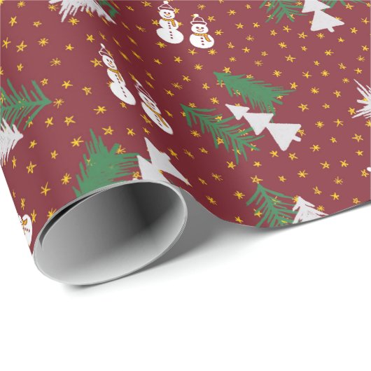 Weihnachten - Schneemänner & Bäume - dunkelrot Geschenkpapier (Rolleneckpunkt)