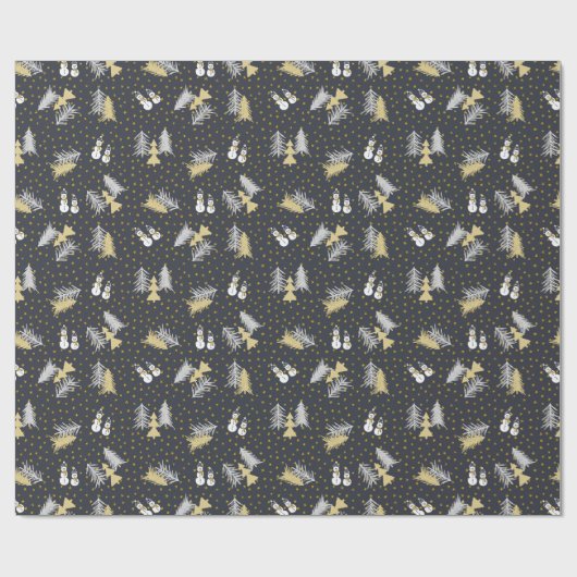 Weihnachten - Schneemänner & Bäume - Mitternachtsb Geschenkpapier (Flach)