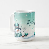 Weihnachten: Schneemänner türkise Kaffeetasse (Vorderseite Links)