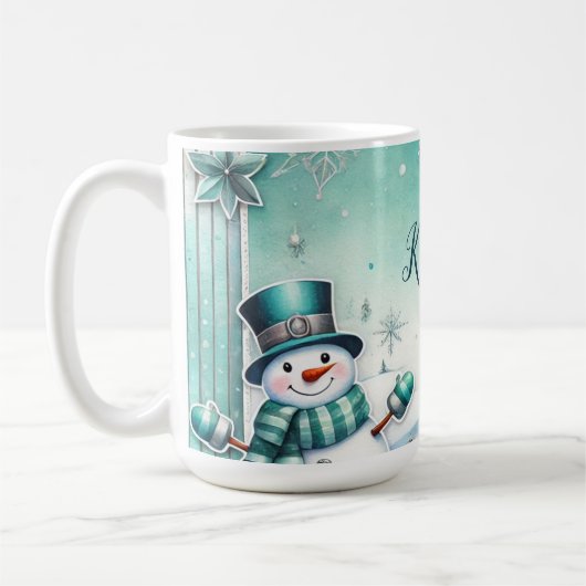 Weihnachten: Schneemänner türkise Kaffeetasse (Links)