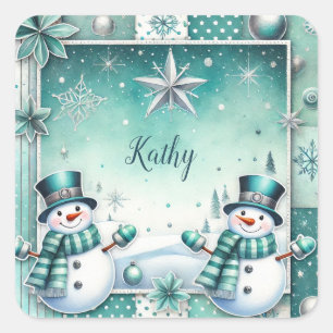  Weihnachten: Schneemänner türkise Quadratischer Aufkleber