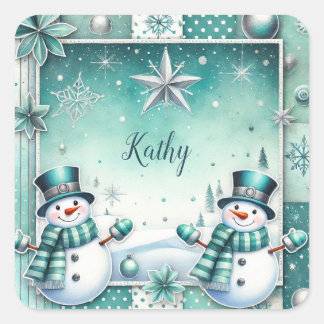  Weihnachten: Schneemänner türkise Quadratischer Aufkleber