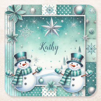  Weihnachten: Schneemänner türkise Rechteckiger Pappuntersetzer