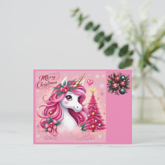 Weihnachten Schönes Einhorn Postkarte (Stehend Vorderseite)