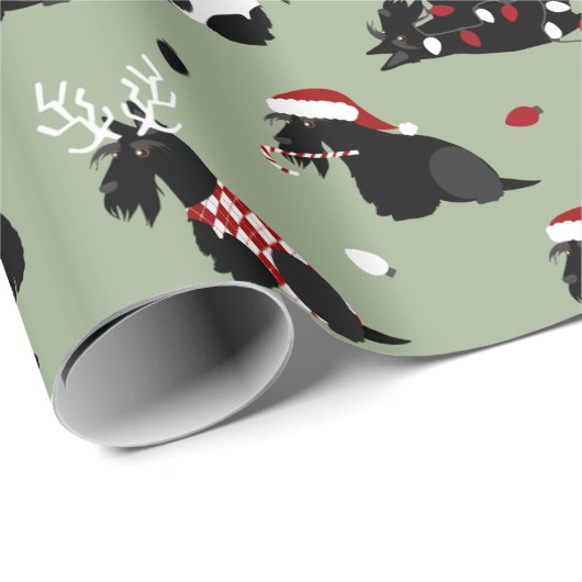 Weihnachten - Schottischer Terrier Grünpapier Geschenkpapier (Rolleneckpunkt)