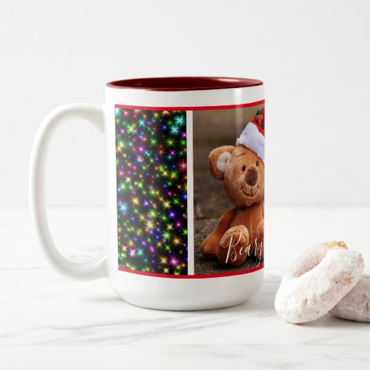 Weihnachten (schwarz mit Weihnachtsbeleuchtung) Zweifarbige Tasse (Mit Donut)