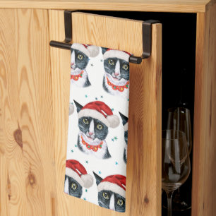 Weihnachten Schwarz und Weiße Katze Farbe Geschirrtuch