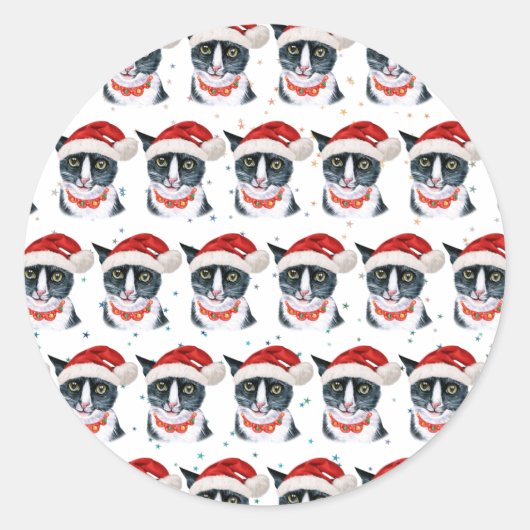 Weihnachten Schwarz und Weiße Katze Farbe Runder Aufkleber (Vorderseite)