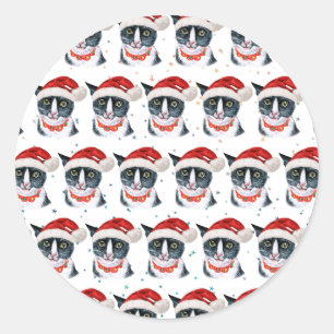 Weihnachten Schwarz und Weiße Katze Farbe Runder Aufkleber