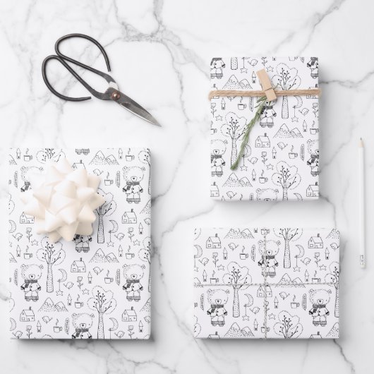 Weihnachten Schwarz-Weiß-Winterteddy-Bären Geschenkpapier Set (Vorderseite)