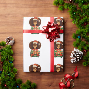 Weihnachten Schwarze Afro-Mädchen Xmas-Santa-Hut A Geschenkpapier