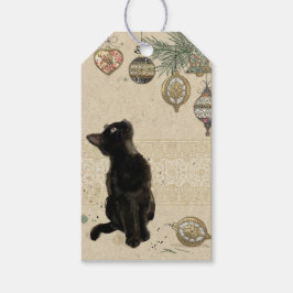 Weihnachten Schwarze Katze Blick auf Ornamente Geschenkanhänger