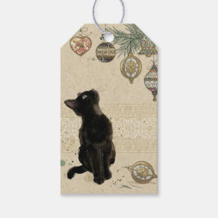 Weihnachten Schwarze Katze Blick auf Ornamente Geschenkanhänger