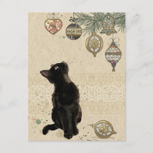 Weihnachten Schwarze Katze Blick auf Ornamente Postkarte (Vorderseite)