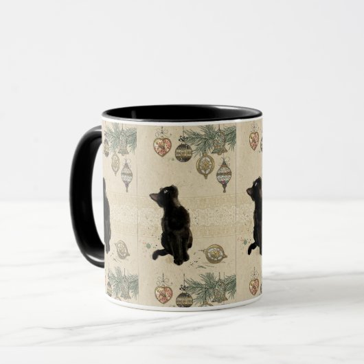 Weihnachten Schwarze Katze Blick auf Ornamente Tasse (Vorderseite Links)