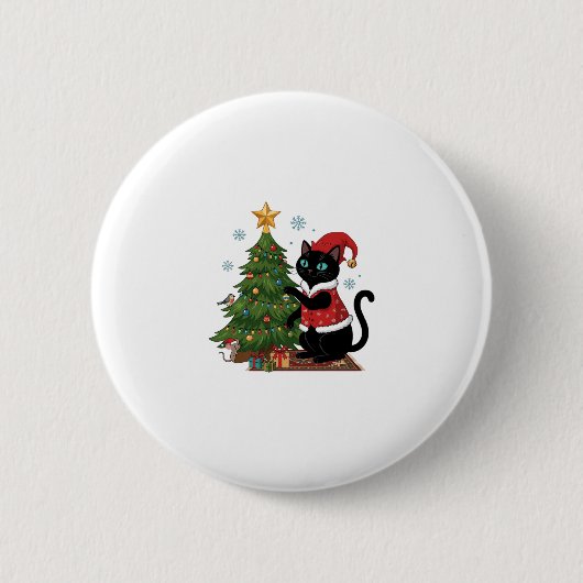 Weihnachten schwarze Katze Santa Hut Baum Maus Button (Vorderseite)