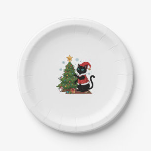 Weihnachten schwarze Katze Santa Hut Baum Maus Pappteller