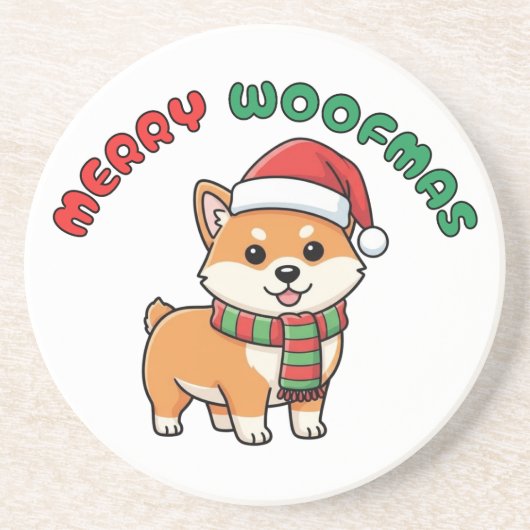 Weihnachten Shiba Inu Untersetzer: Fröhliche Woofm Getränkeuntersetzer (Vorne)