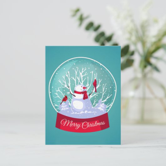Weihnachten Snowglobe Snowman Kardinal Rote Vögel Postkarte (Stehend Vorderseite)