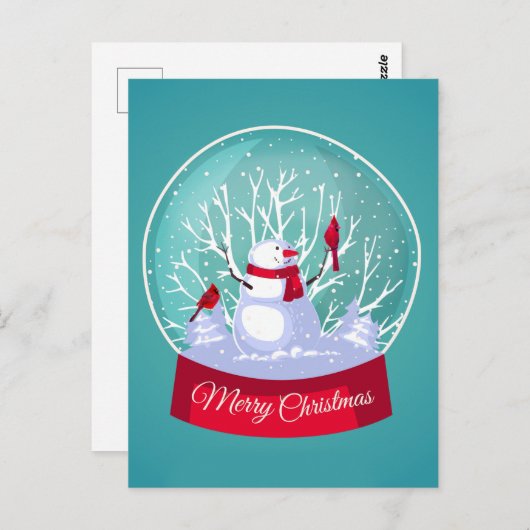 Weihnachten Snowglobe Snowman Kardinal Rote Vögel Postkarte (Vorne/Hinten)