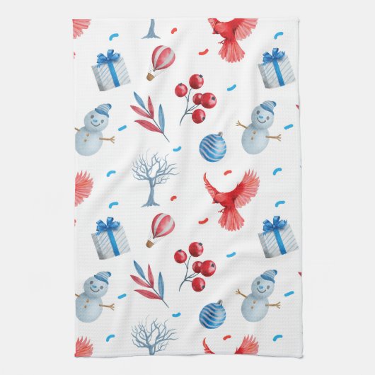 Weihnachten Snowmen Rote Kardinäle Ornamente Geschirrtuch (Vertikal)
