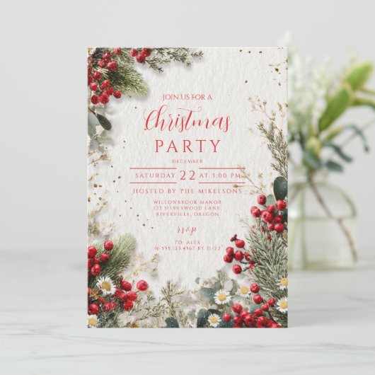 Weihnachten Snowy Greenery und Berries Einladung (Stehend Vorderseite)