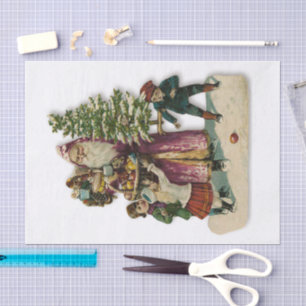 Weihnachten St. Nikolaus & Kinder viktorianisch an Seidenpapier