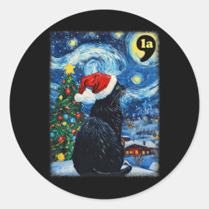 Weihnachten Starry Night Black Cat Comma La Kamala Runder Aufkleber