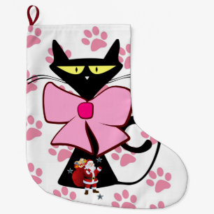 Weihnachten Strumpf, Santa Meow Pink Black Cat Paw Großer Weihnachtsstrumpf