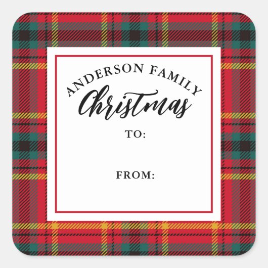Weihnachten Tartan Kariert Familienname Geschenk Quadratischer Aufkleber (Vorderseite)