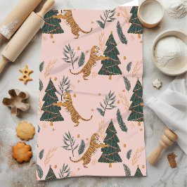 "Weihnachten Tiger mit Weihnachtsbaum Rosa Geschirrtuch