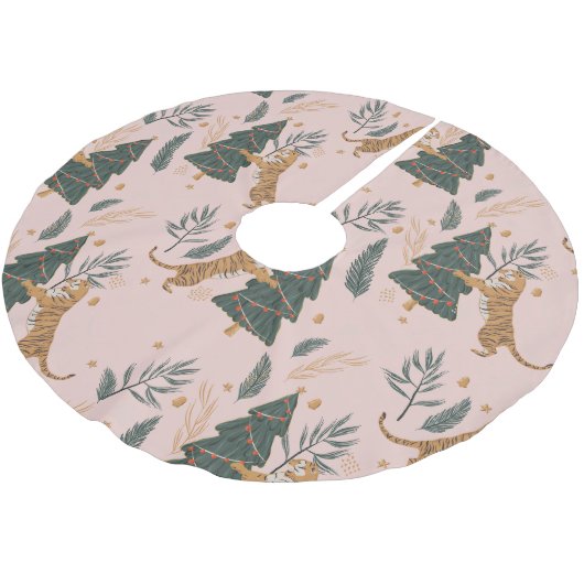 "Weihnachten Tiger mit Weihnachtsbaum Rosa Polyester Weihnachtsbaumdecke (Schrägansicht)