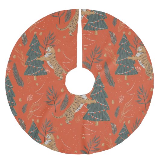 Weihnachten Tiger und Weihnachtsbaum Polyester Weihnachtsbaumdecke (Vorderseite)