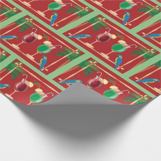 Weihnachten Tiki Bar Drinks und Papageien Geschenkpapier (Ecke)