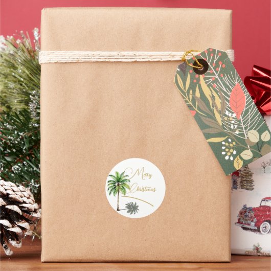 Weihnachten Tropical Palm Tree Gold Merry Runder Aufkleber (Feiertag)