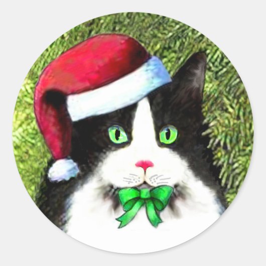 Weihnachten Tuxedo Katze mit Bow Runder Aufkleber (Vorderseite)