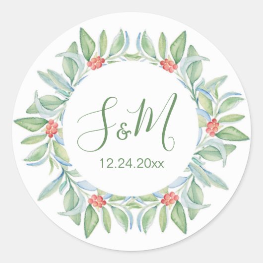 Weihnachten Umschlag Aufkleber, Grün & Beeren Runder Aufkleber (Vorderseite)