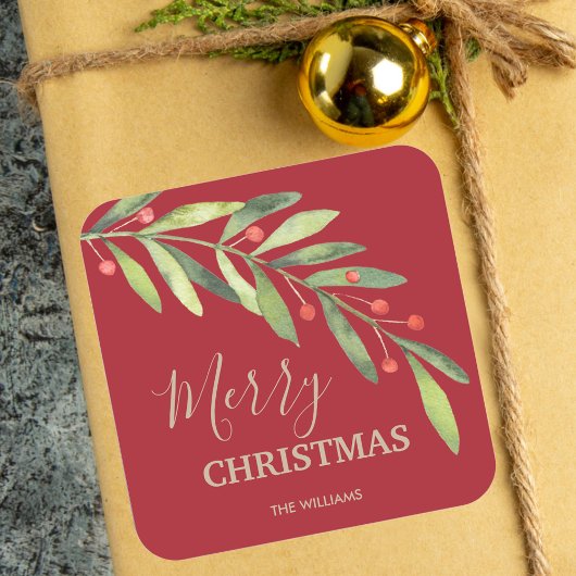 Weihnachten und Berries Quadratischer Aufkleber