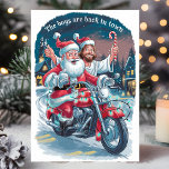 Weihnachten und Jesus auf dem Motorrad Weihnachten<br><div class="desc">Mit dieser unglaublich witzig Weihnachtskarte, auf der der Weihnachtsmann und Jesus auf einem Motorrad fahren, kann man mit der Phrase "Die Jungs sind wieder in der Stadt" einen Feiertagssjubeln verbringen. Diese festliche und lustige Illustration erfasst den Geist der Saison mit einer humorvollen Drehung und macht sie zu einem perfekten Aushängeschild...</div>