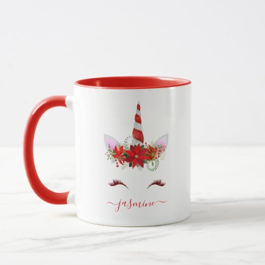 Weihnachten Unicorn Red Floral Gold Lashes Name Tasse (Links)
