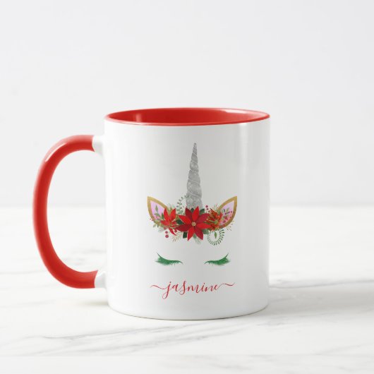 Weihnachten Unicorn Red Floral Green Lashes Name Tasse (Links)
