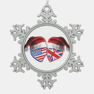 Weihnachten USA und BRITISCHE Flaggen-Herzen in Schneeflocken Zinn-Ornament
