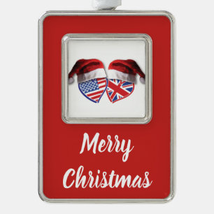 Weihnachten USA und BRITISCHE Flaggen-Herzen und Rahmen-Ornament Silber