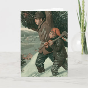 Weihnachten, Vater und Sohn schneiden Bäume ab Feiertagskarte