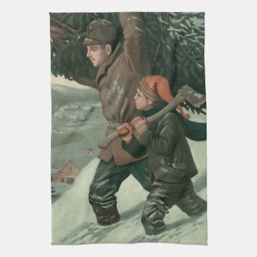 Weihnachten, Vater und Sohn schneiden Bäume ab Geschirrtuch (Vertikal)